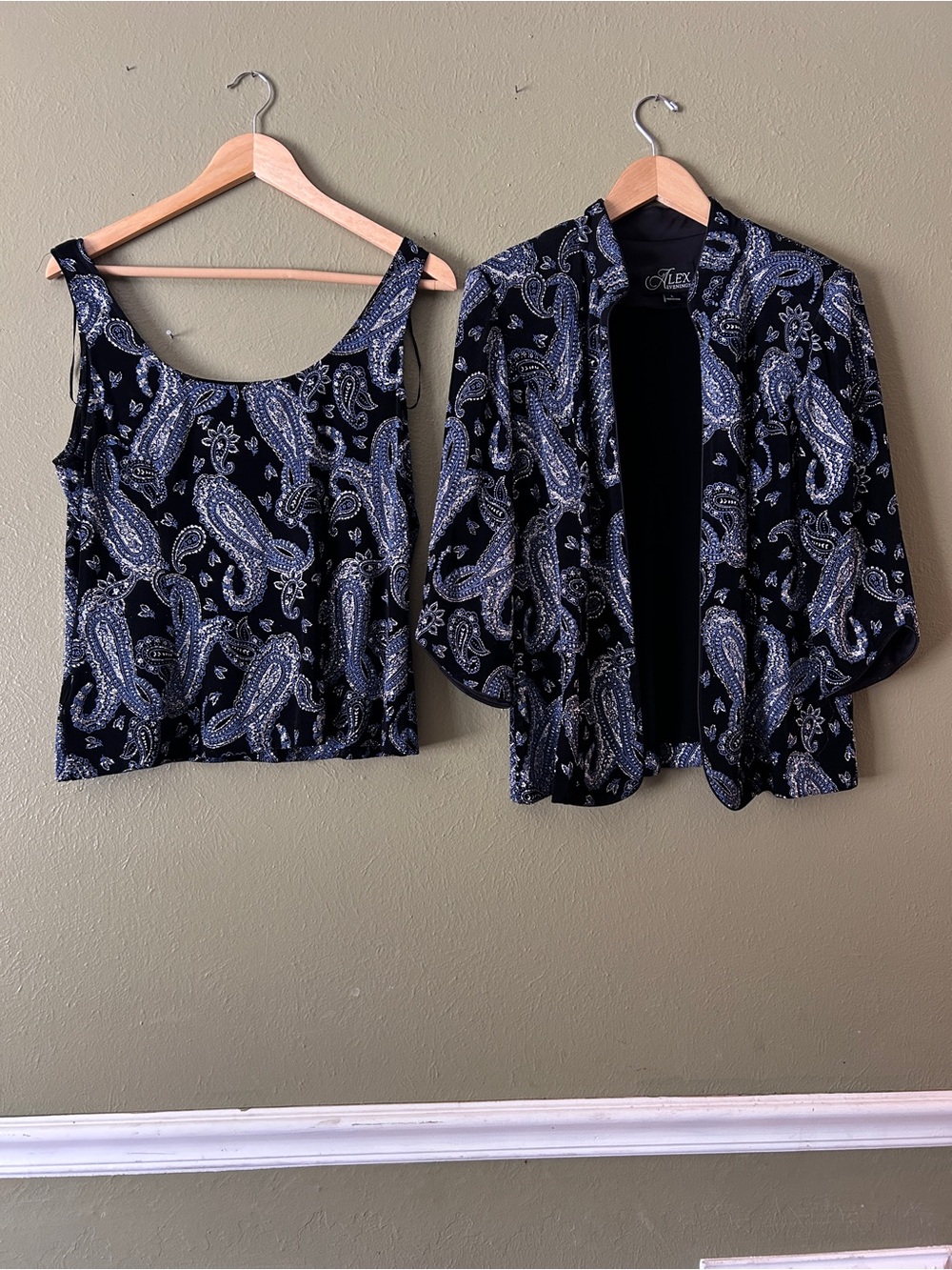 Alex Evenings Black Blue Paisley Cami Jacket Witchy Whimsigoth Fairy Glitter Set
